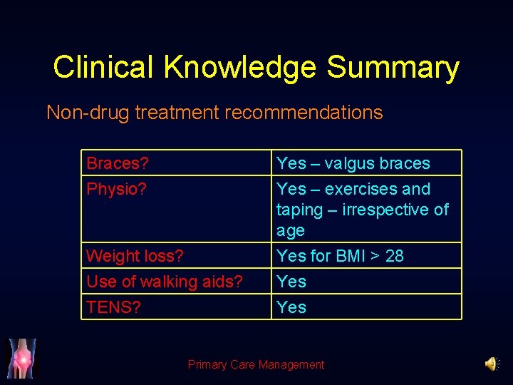 Clinical Knowledge Summary Non-drug treatment recommendations Braces? Physio? Weight loss? Use of walking aids?