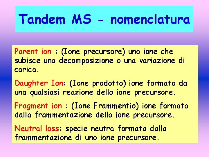 Tandem MS - nomenclatura Parent ion : (Ione precursore) uno ione che subisce una