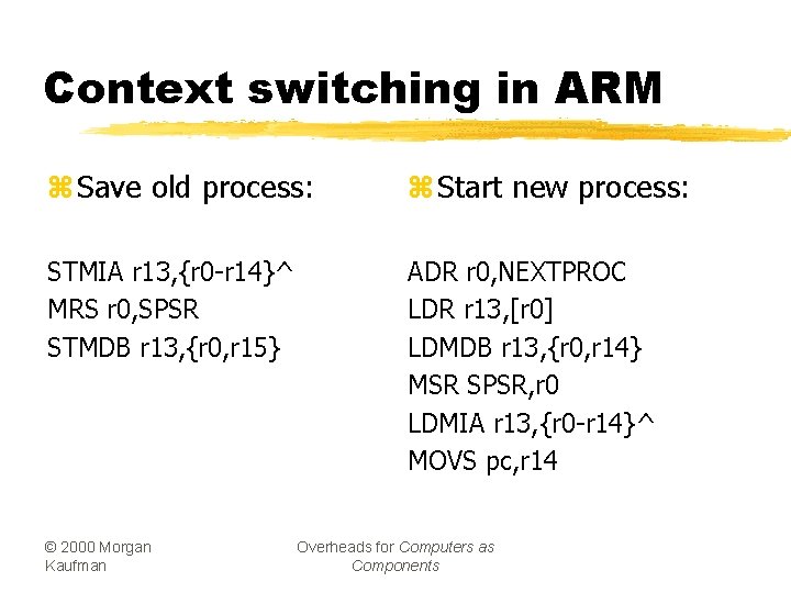 Context switching in ARM z Save old process: z Start new process: STMIA r