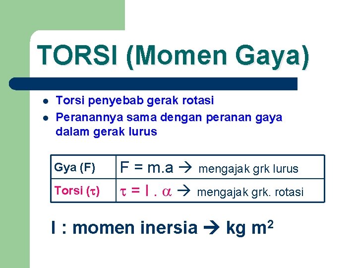 TORSI (Momen Gaya) l l Torsi penyebab gerak rotasi Peranannya sama dengan peranan gaya