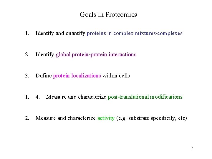 Goals in Proteomics 1. Identify and quantify proteins in complex mixtures/complexes 2. Identify global