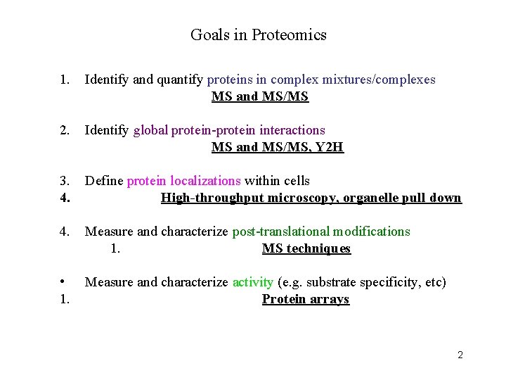 Goals in Proteomics 1. Identify and quantify proteins in complex mixtures/complexes MS and MS/MS