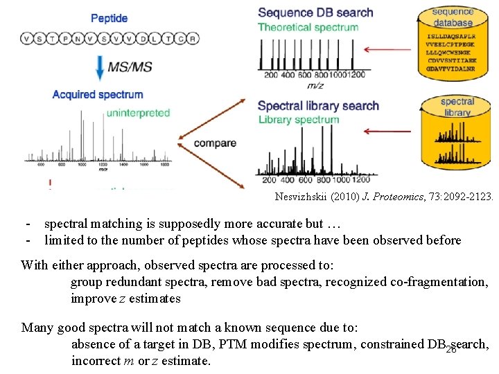 Nesvizhskii (2010) J. Proteomics, 73: 2092 -2123. - spectral matching is supposedly more accurate