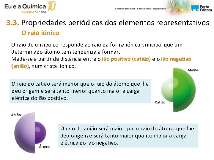 3. 3. Propriedades periódicas dos elementos representativos O raio iónico O raio de um 3. 3. Propriedades periódicas dos elementos representativos O raio iónico O raio de um