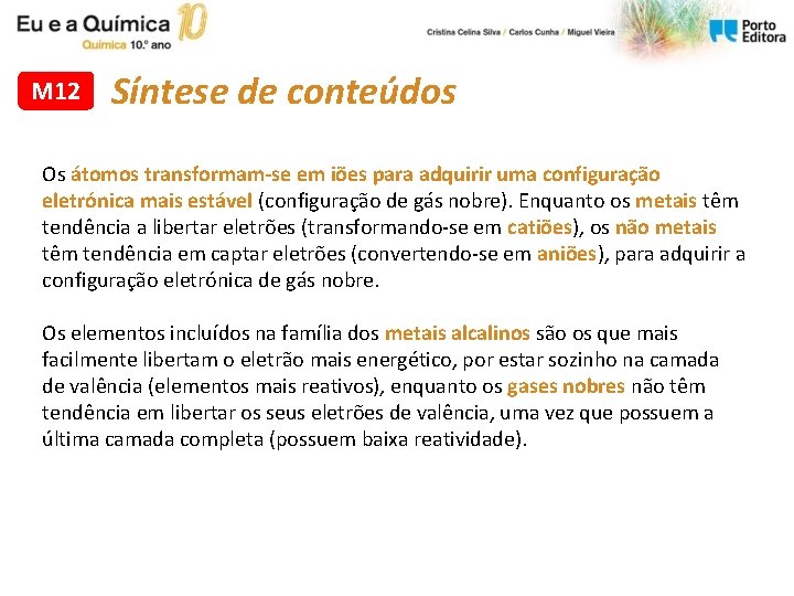 M 12 Síntese de conteúdos Os átomos transformam-se em iões para adquirir uma configuração M 12 Síntese de conteúdos Os átomos transformam-se em iões para adquirir uma configuração