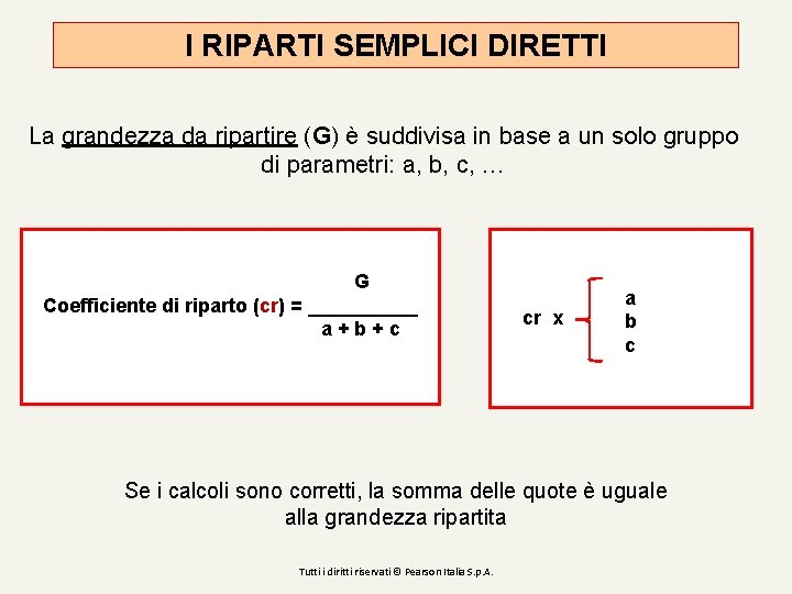 I RIPARTI SEMPLICI DIRETTI La grandezza da ripartire (G) è suddivisa in base a