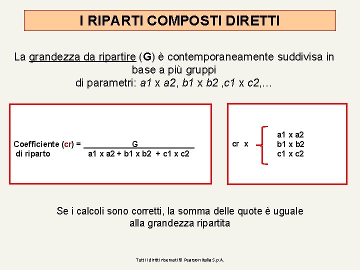 I RIPARTI COMPOSTI DIRETTI La grandezza da ripartire (G) è contemporaneamente suddivisa in base