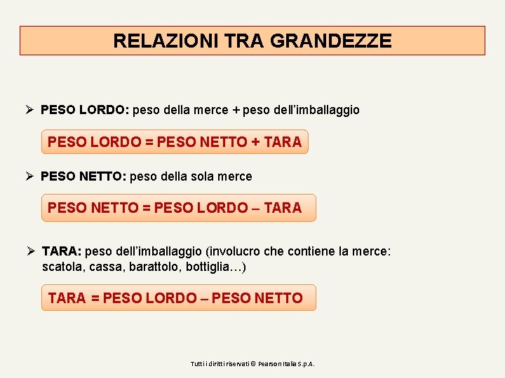 RELAZIONI TRA GRANDEZZE Ø PESO LORDO: peso della merce + peso dell’imballaggio PESO LORDO