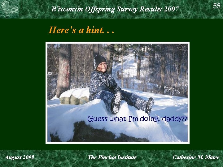 Wisconsin Offspring Survey Results 2007 55 Here’s a hint. . . Guess what I’m