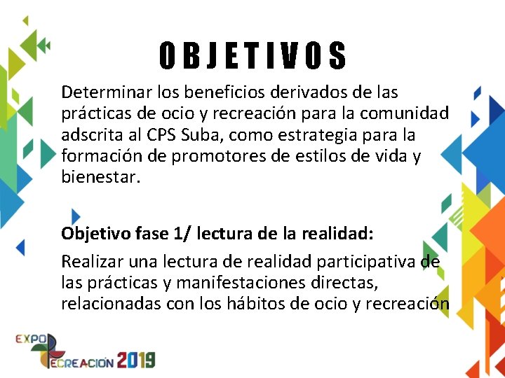 OBJETIVOS Determinar los beneficios derivados de las prácticas de ocio y recreación para la