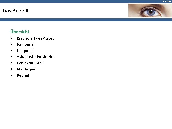 05 / Sehen Das Auge II Übersicht § § § § Brechkraft des Auges