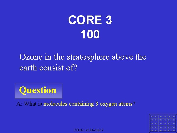 CORE 3 100 Ozone in the stratosphere above the earth consist of? Question A: