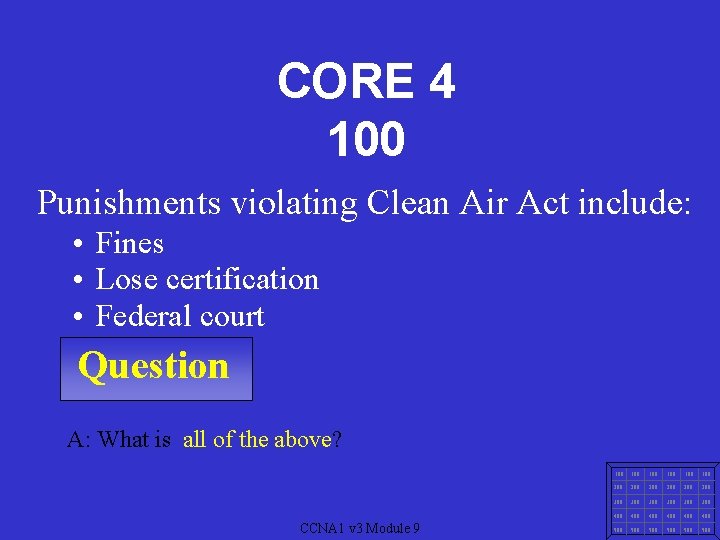 CORE 4 100 Punishments violating Clean Air Act include: • Fines • Lose certification