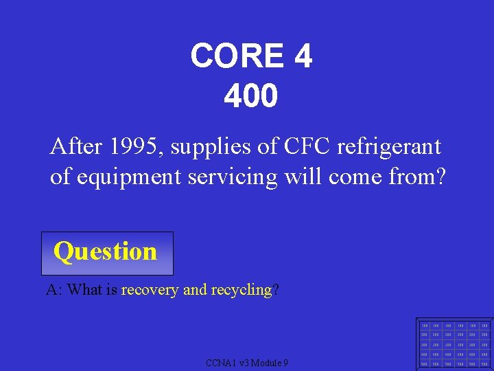 CORE 4 400 After 1995, supplies of CFC refrigerant of equipment servicing will come