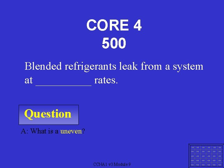 CORE 4 500 Blended refrigerants leak from a system at _____ rates. Question A: