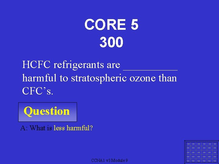 CORE 5 300 HCFC refrigerants are _____ harmful to stratospheric ozone than CFC’s. Question