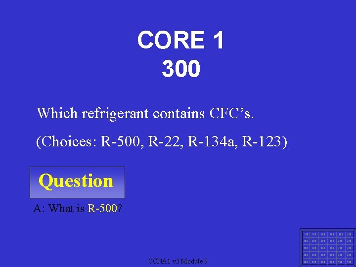 CORE 1 300 Which refrigerant contains CFC’s. (Choices: R-500, R-22, R-134 a, R-123) Question