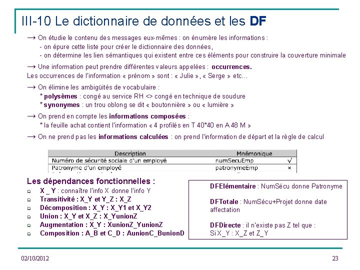 III-10 Le dictionnaire de données et les DF → On étudie le contenu des
