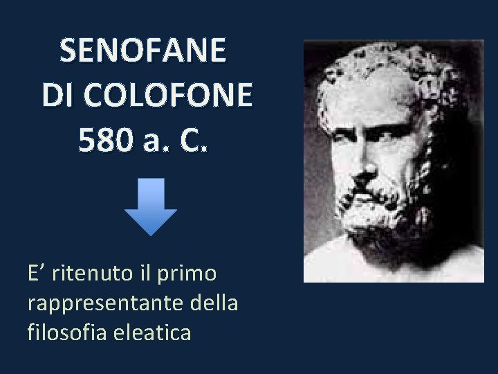 SENOFANE DI COLOFONE 580 a. C. E’ ritenuto il primo rappresentante della filosofia eleatica