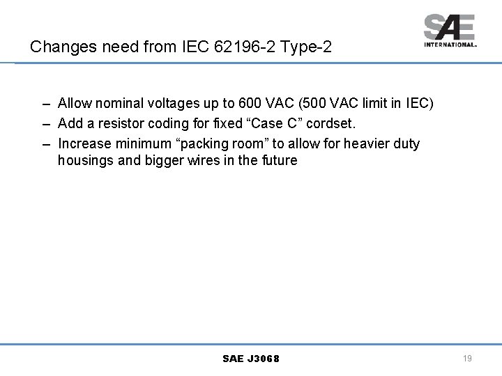 Changes need from IEC 62196 -2 Type-2 – Allow nominal voltages up to 600 Changes need from IEC 62196 -2 Type-2 – Allow nominal voltages up to 600