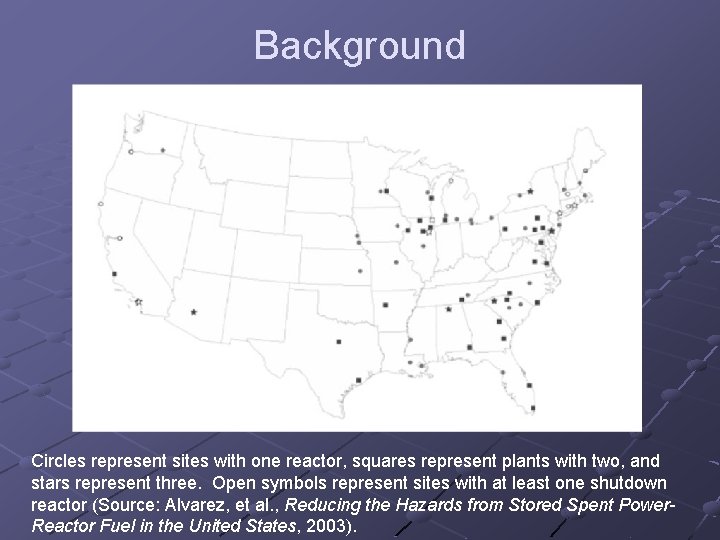 Background Circles represent sites with one reactor, squares represent plants with two, and stars