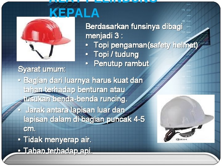 ALAT PELINDUNG KEPALA Berdasarkan funsinya dibagi menjadi 3 : • Topi pengaman(safety helmet) •