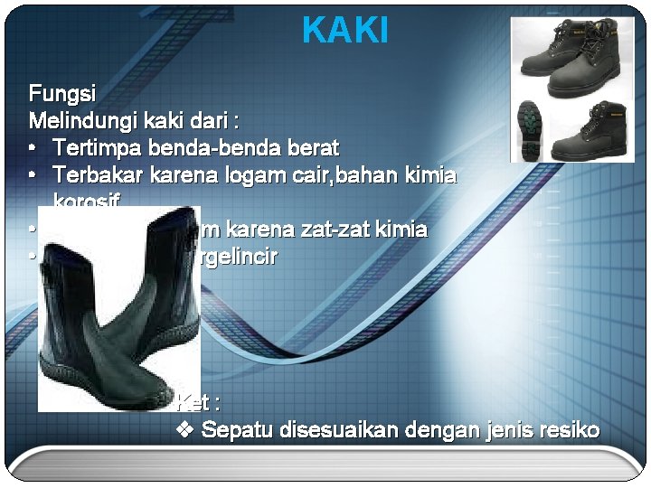 KAKI Fungsi Melindungi kaki dari : • Tertimpa benda-benda berat • Terbakar karena logam