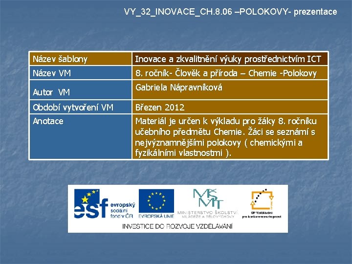 VY_32_INOVACE_CH. 8. 06 –POLOKOVY- prezentace Název šablony Inovace a zkvalitnění výuky prostřednictvím ICT Název