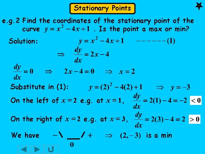 Stationary Points e. g. 2 Find the coordinates of the stationary point of the