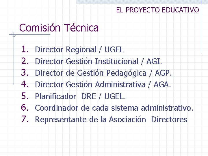 EL PROYECTO EDUCATIVO Comisión Técnica 1. 2. 3. 4. 5. 6. 7. Director Regional