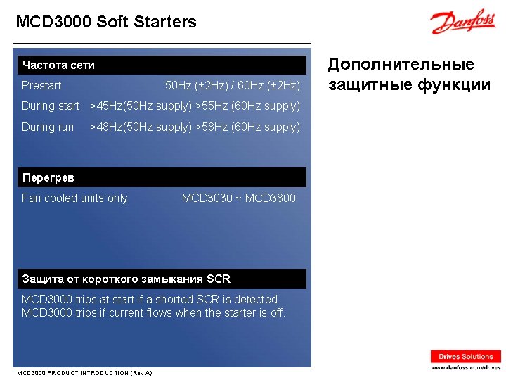 MCD 3000 Soft Starters Частота сети Prestart 50 Hz (± 2 Hz) / 60