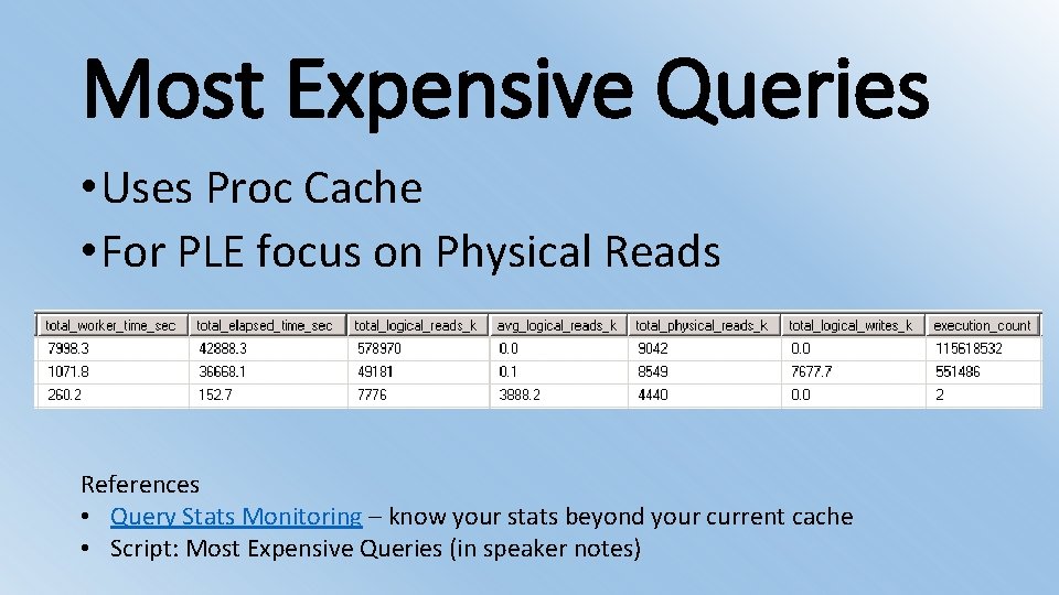Most Expensive Queries • Uses Proc Cache • For PLE focus on Physical Reads