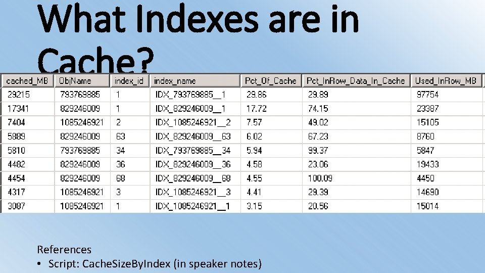 What Indexes are in Cache? References • Script: Cache. Size. By. Index (in speaker