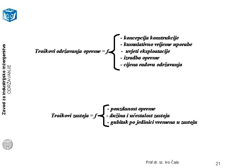 Zavod za industrijsko inženjerstvo ODRŽAVANJE Troškovi održavanja opreme = f Troškovi zastoja = f