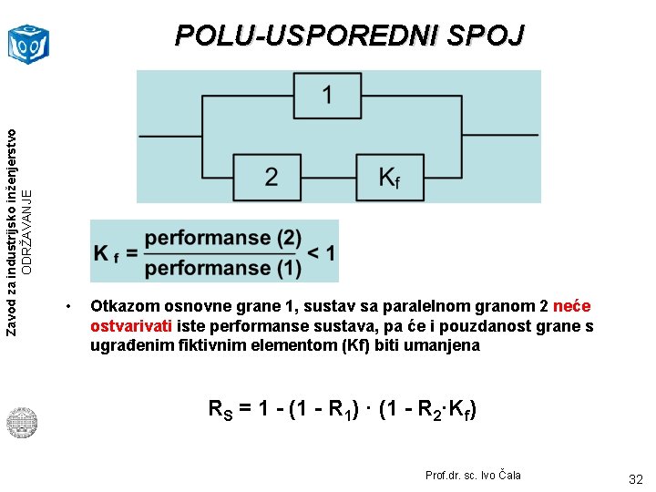 Zavod za industrijsko inženjerstvo ODRŽAVANJE POLU-USPOREDNI SPOJ • Otkazom osnovne grane 1, sustav sa