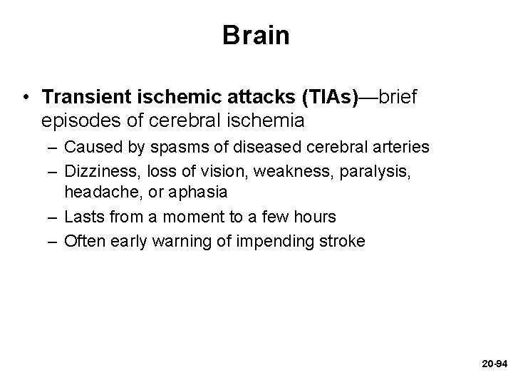 Brain • Transient ischemic attacks (TIAs)—brief episodes of cerebral ischemia – Caused by spasms