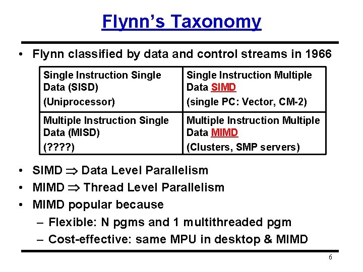 Flynn’s Taxonomy • Flynn classified by data and control streams in 1966 Single Instruction