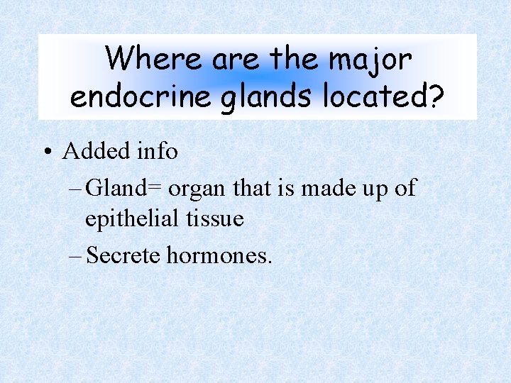 Where are the major endocrine glands located? • Added info – Gland= organ that Where are the major endocrine glands located? • Added info – Gland= organ that
