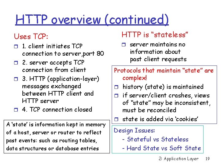 HTTP overview (continued) Uses TCP: r 1. client initiates TCP connection to server, port