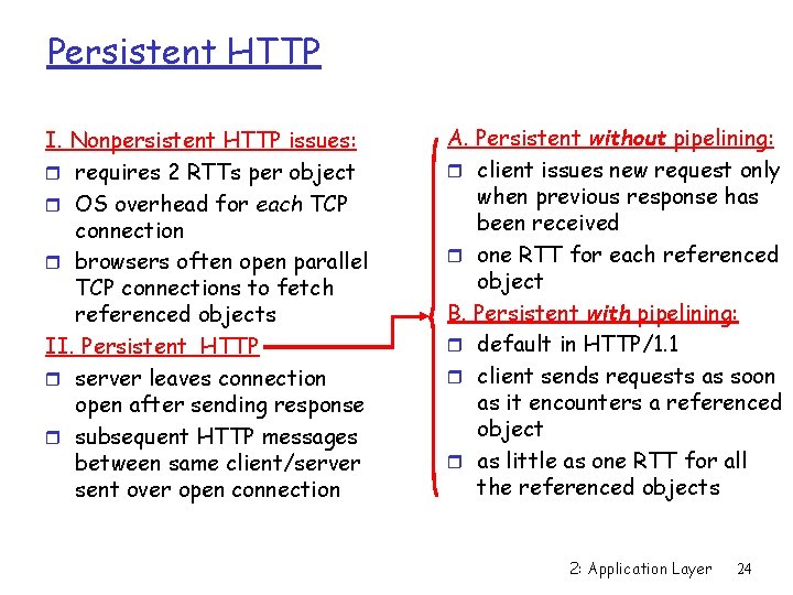 Persistent HTTP I. Nonpersistent HTTP issues: r requires 2 RTTs per object r OS