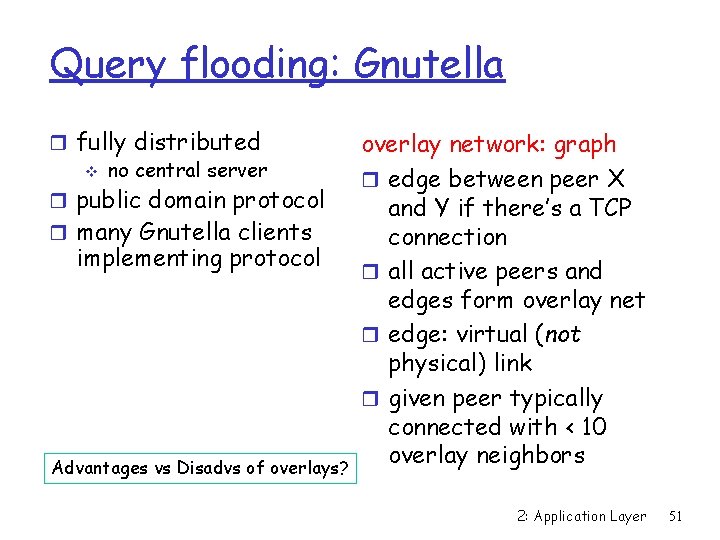 Query flooding: Gnutella r fully distributed v no central server r public domain protocol