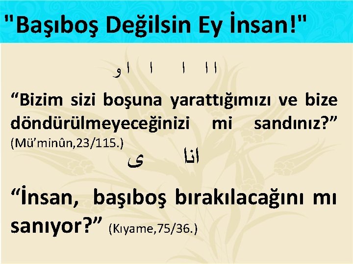 "Başıboş Değilsin Ey İnsan!" ﻭ ﺍ ﺍ ﺍ “Bizim sizi boşuna yarattığımızı ve bize