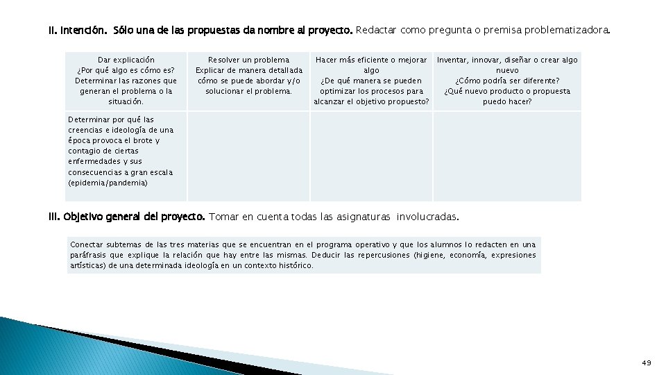 II. Intención. Sólo una de las propuestas da nombre al proyecto. Redactar como pregunta