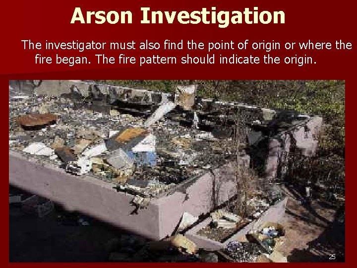 Arson Investigation The investigator must also find the point of origin or where the