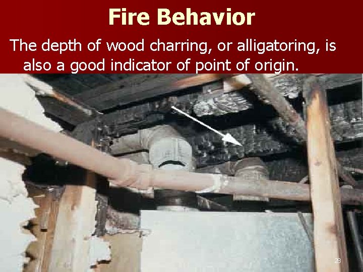 Fire Behavior The depth of wood charring, or alligatoring, is also a good indicator