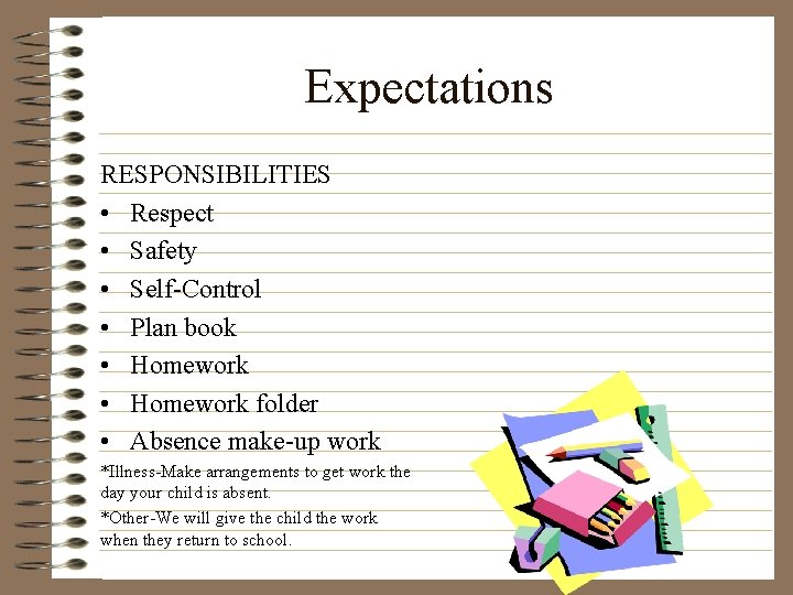 Expectations RESPONSIBILITIES • Respect • Safety • Self-Control • Plan book • Homework folder