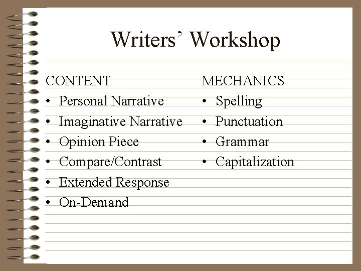 Writers’ Workshop CONTENT • Personal Narrative • Imaginative Narrative • Opinion Piece • Compare/Contrast