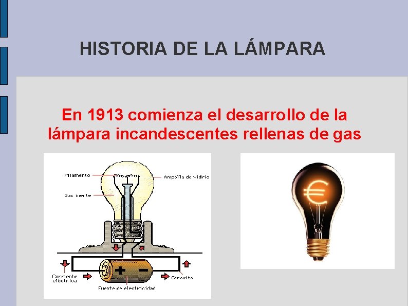 HISTORIA DE LA LÁMPARA En 1913 comienza el desarrollo de la lámpara incandescentes rellenas