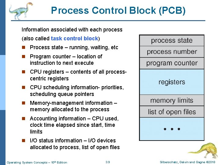 Process Control Block (PCB) Information associated with each process (also called task control block)