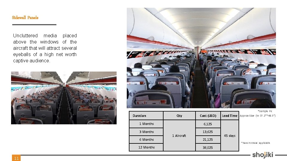 Sidewall Panels Uncluttered media placed above the windows of the aircraft that will attract